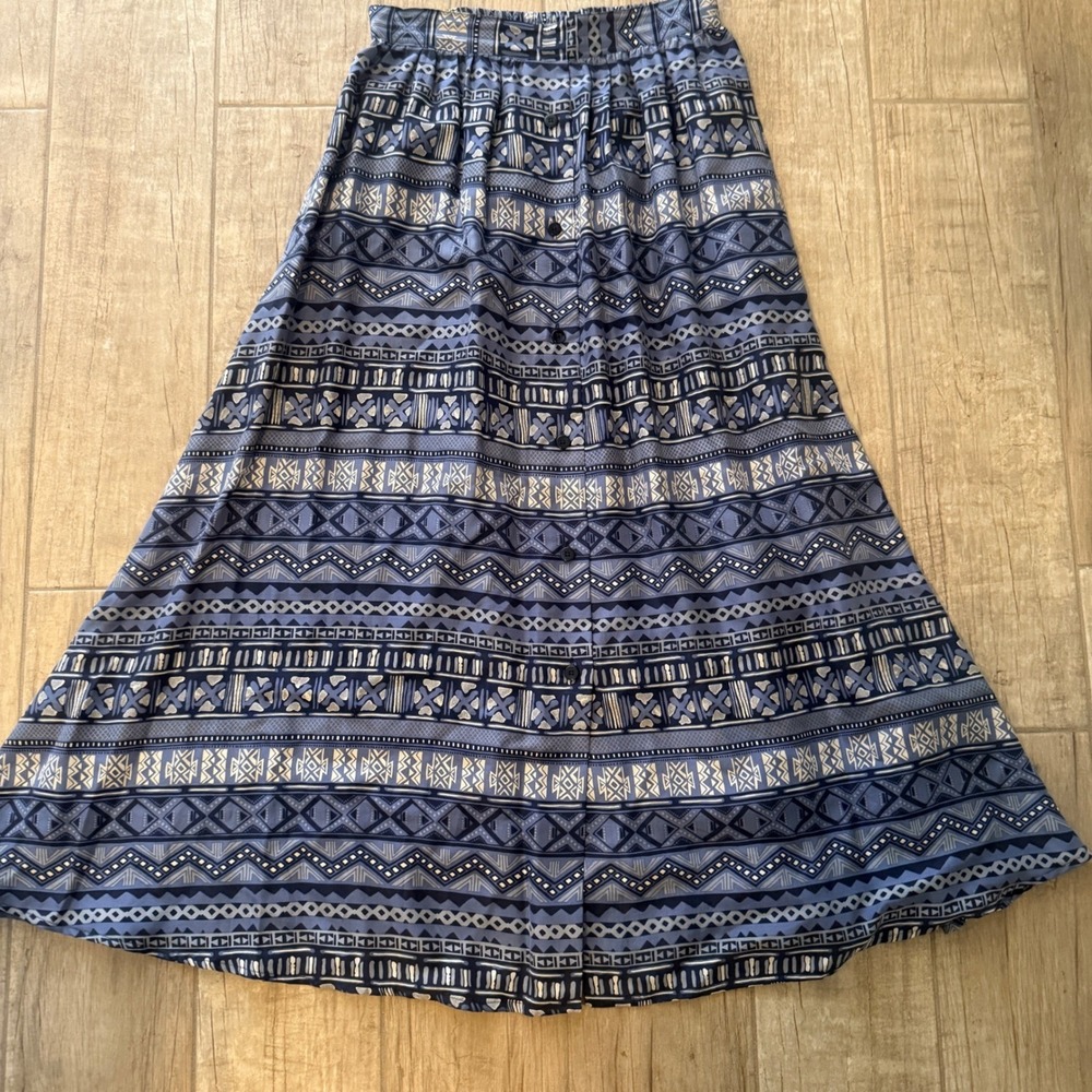 Blue Lord & Taylor Silk Tribal Button Front Maxi Skirt Boho Festival A-Line Long